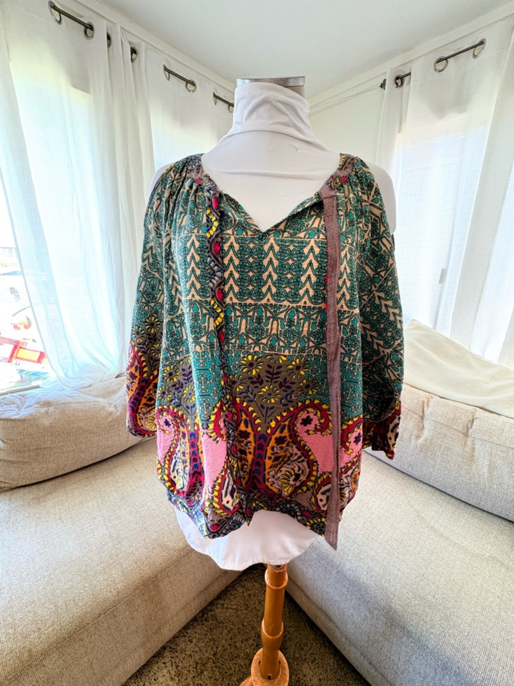 Umgee Green Pink Multicolor Paisley Peasant Top Cold Shoulder Balloon Sleeve XL
